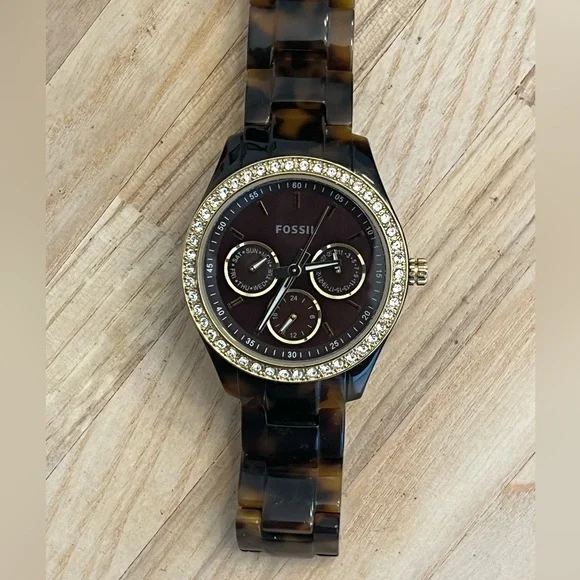 Fossil Ladies Watch Crystal Accents Bronze Copper Dial Tortoise Shell Bracelet Accessories